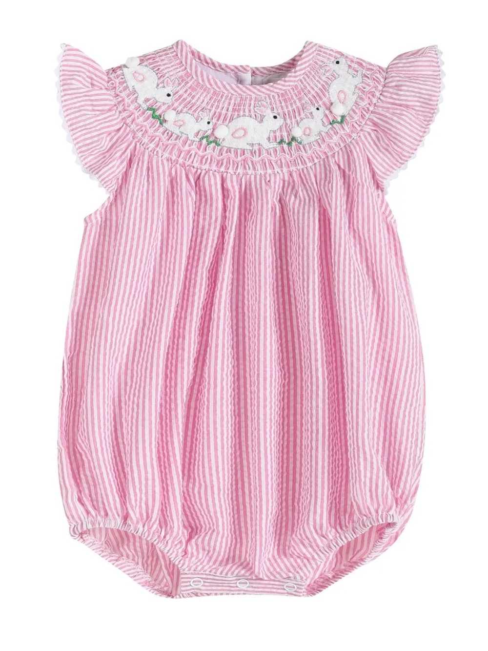 Pink Striped Seersucker Running Bunnies Flutter Romper